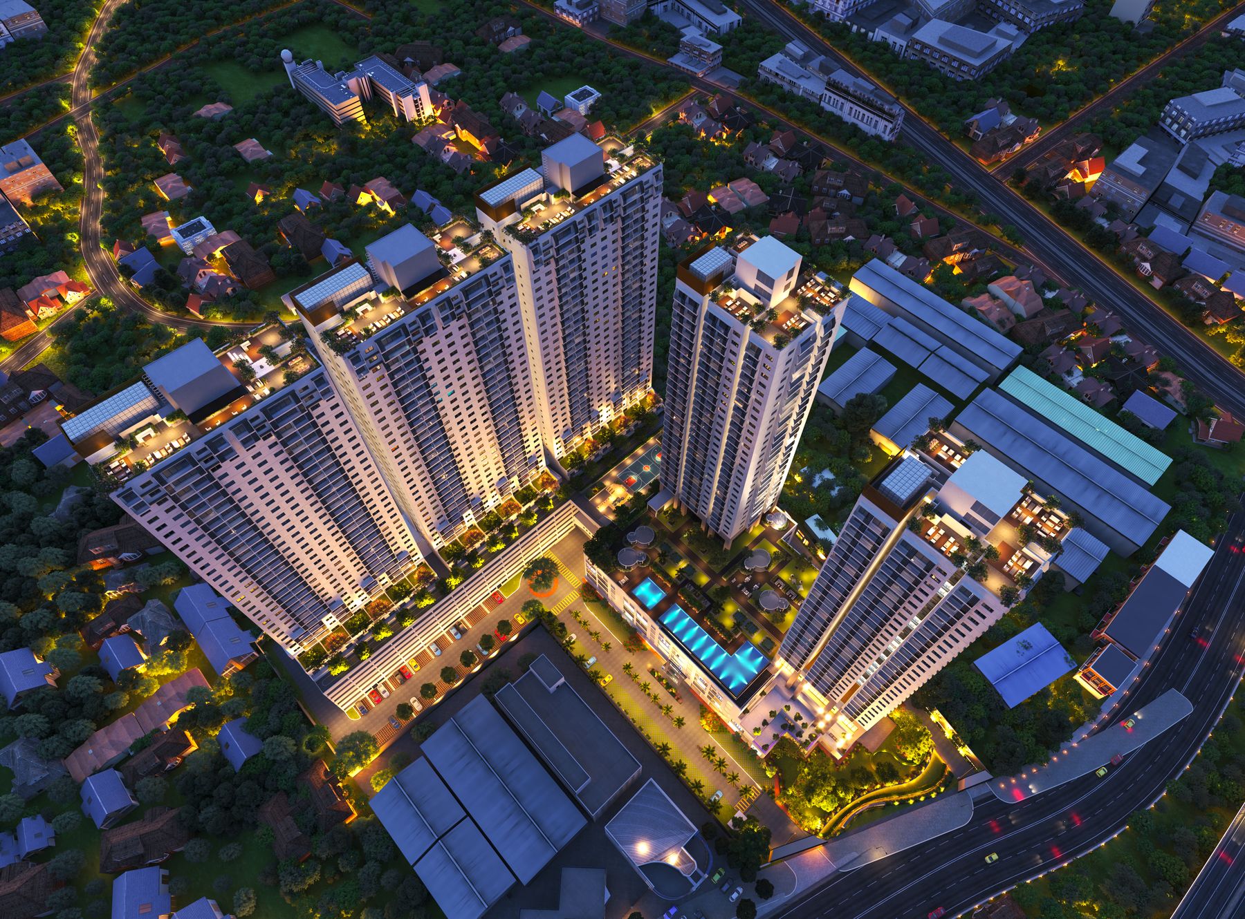 Aerial view of Marina Square at night above Colombo
