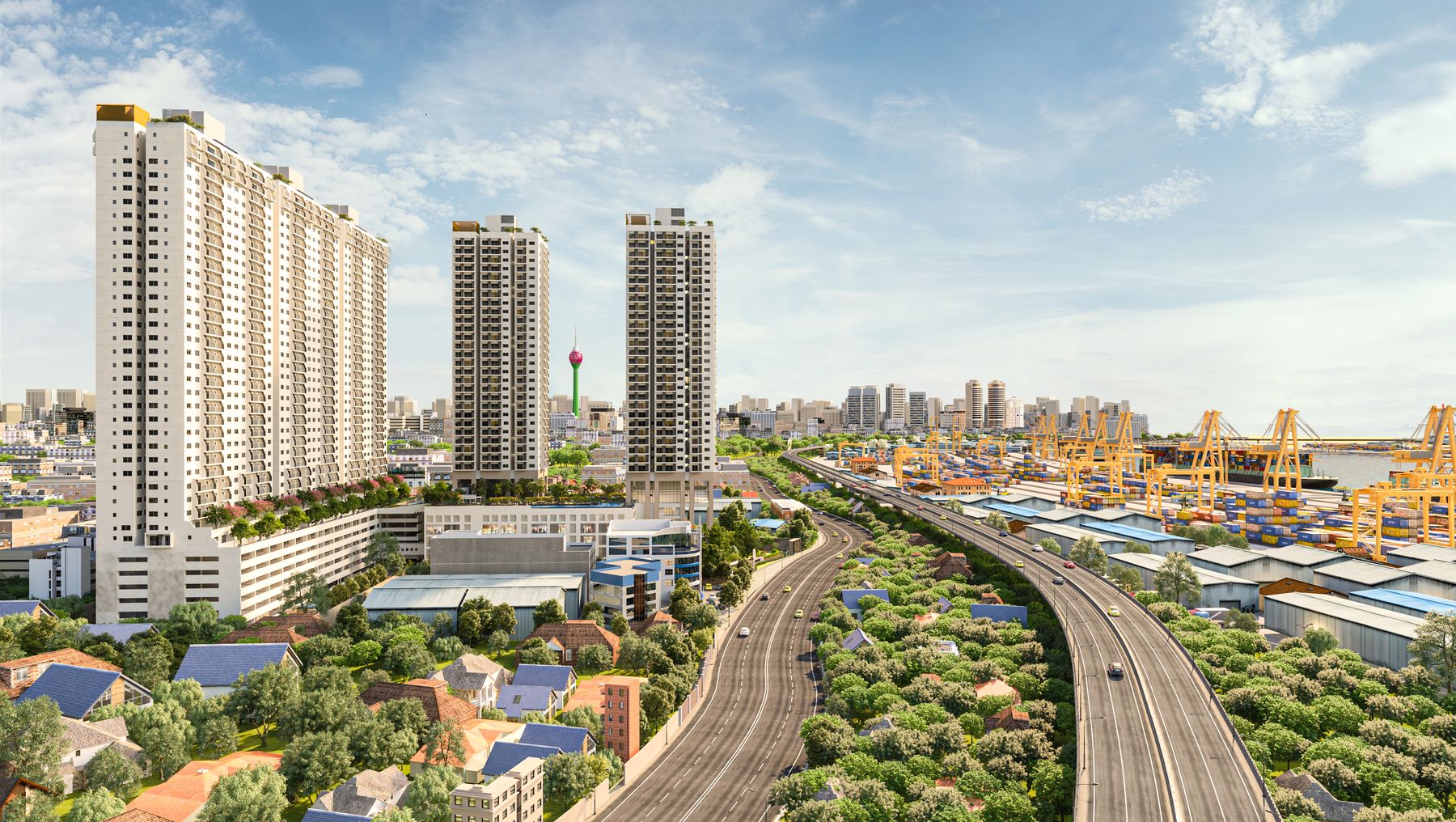 Marina Square towers above Colombo harbour and the Port Access Elevated Highway