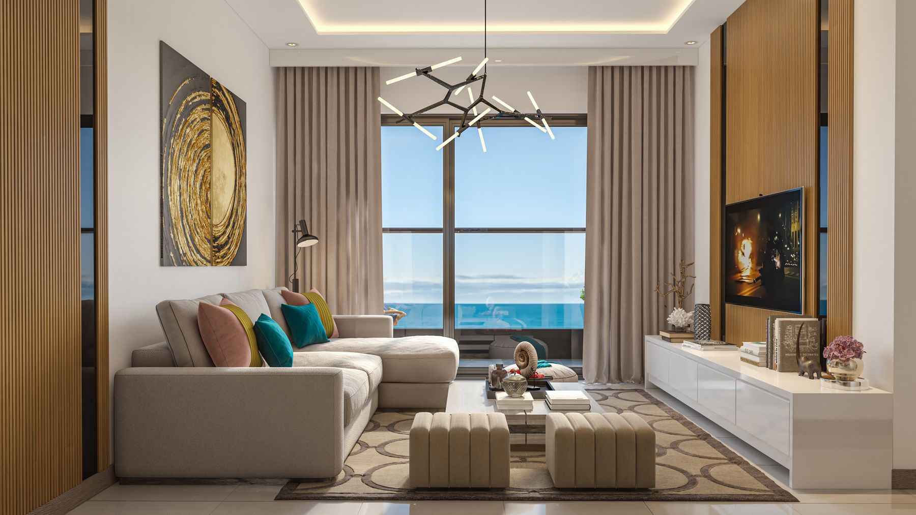 Living area with floor to ceiling glazing looking out to the ocean