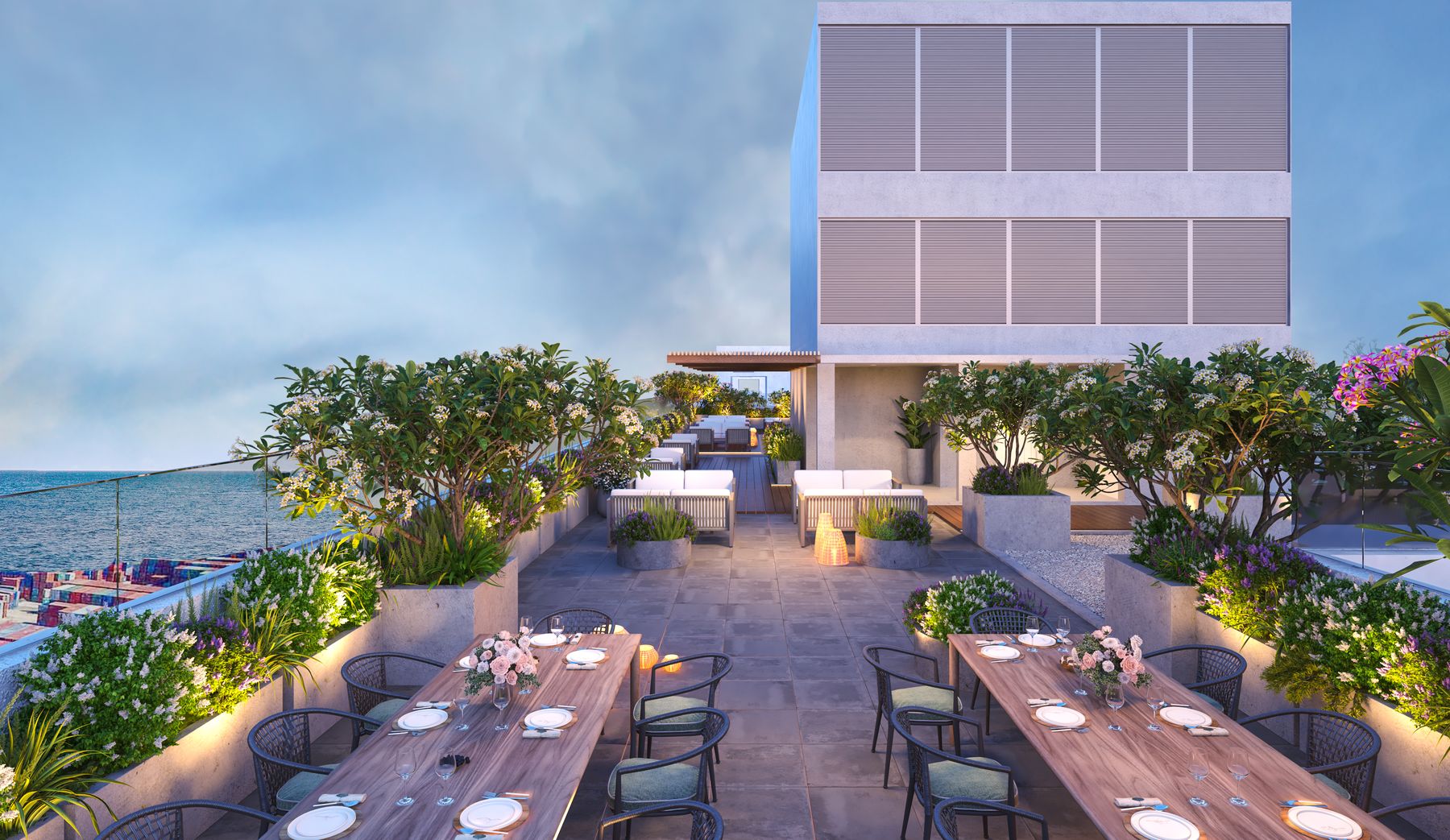 Rooftop dining terrace at dusk